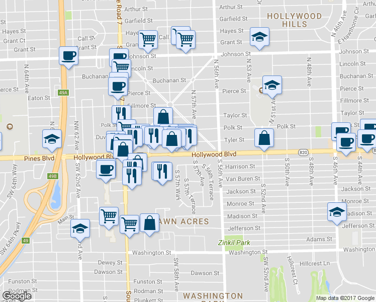 map of restaurants, bars, coffee shops, grocery stores, and more near 5715a Florida 820 in Hollywood