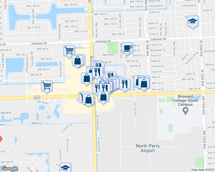 map of restaurants, bars, coffee shops, grocery stores, and more near 7841 Pines Boulevard in Pembroke Pines