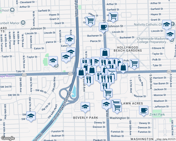map of restaurants, bars, coffee shops, grocery stores, and more near in Hollywood