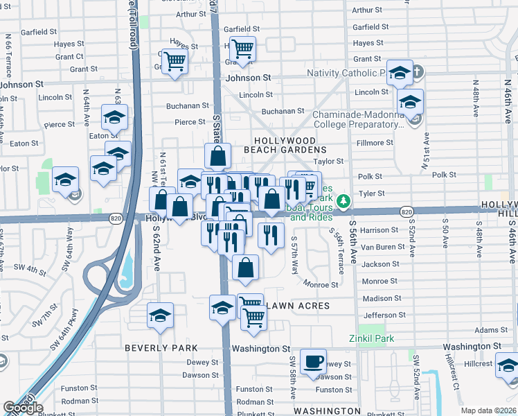 map of restaurants, bars, coffee shops, grocery stores, and more near 5860 Hollywood Boulevard in Hollywood