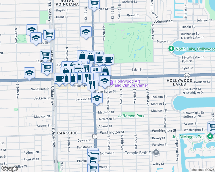 map of restaurants, bars, coffee shops, grocery stores, and more near 1647 Van Buren Street in Hollywood
