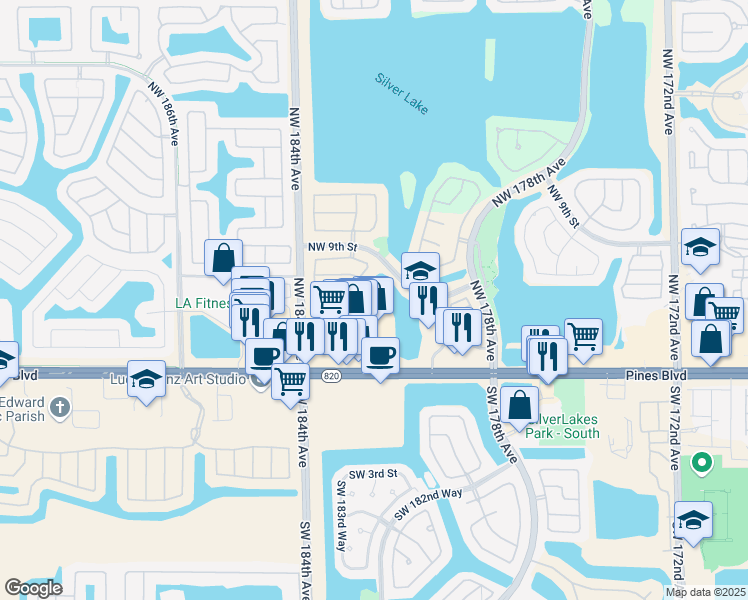map of restaurants, bars, coffee shops, grocery stores, and more near 561 Northwest 182nd Way in Pembroke Pines
