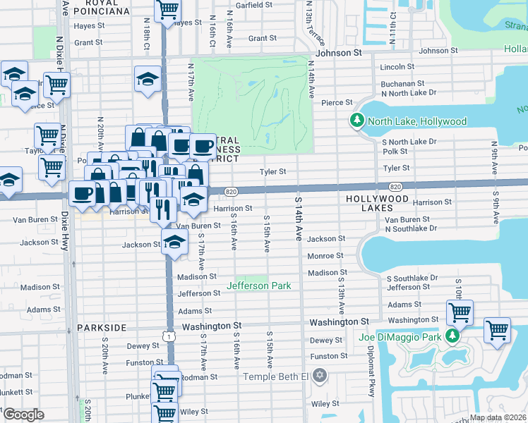 map of restaurants, bars, coffee shops, grocery stores, and more near 206 South 15th Avenue in Hollywood