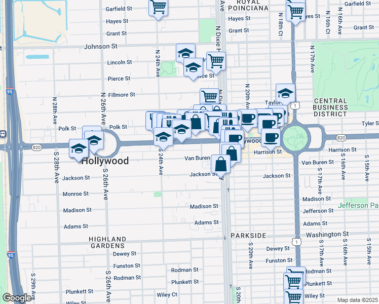map of restaurants, bars, coffee shops, grocery stores, and more near 2225 Van Buren Street in Hollywood