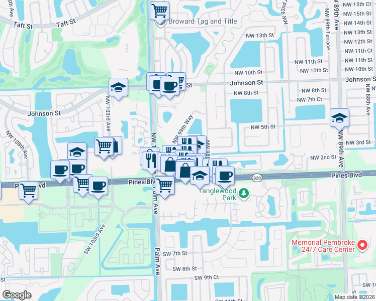 map of restaurants, bars, coffee shops, grocery stores, and more near 9953 Northwest 2nd Street in Pembroke Pines