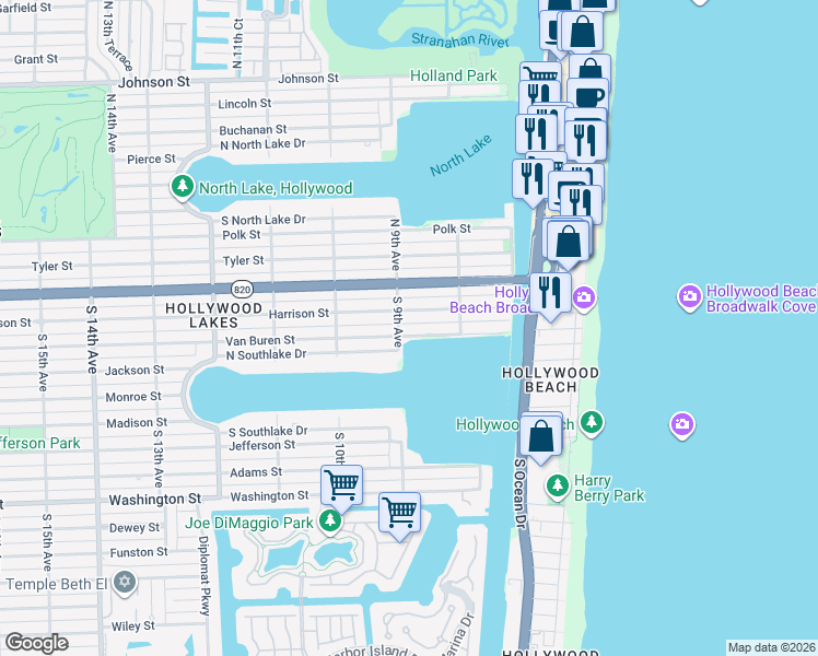 map of restaurants, bars, coffee shops, grocery stores, and more near 827 North Southlake Drive in Hollywood