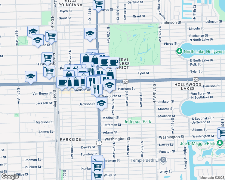 map of restaurants, bars, coffee shops, grocery stores, and more near 1647 Van Buren Street in Hollywood