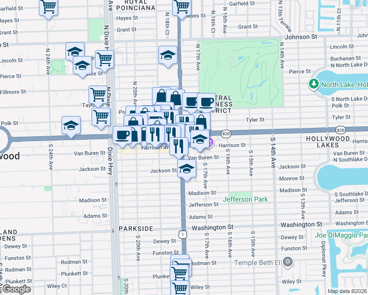 map of restaurants, bars, coffee shops, grocery stores, and more near 210 South Federal Highway in Hollywood