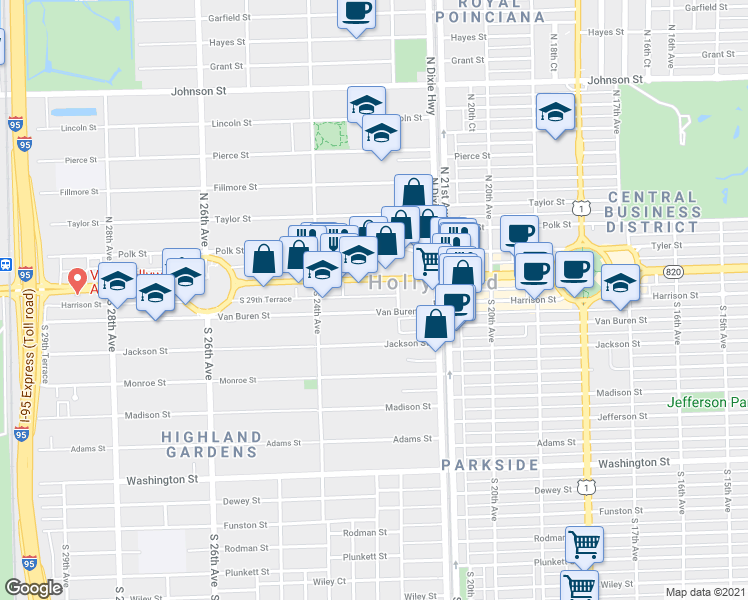 map of restaurants, bars, coffee shops, grocery stores, and more near 2240 Van Buren Street in Hollywood