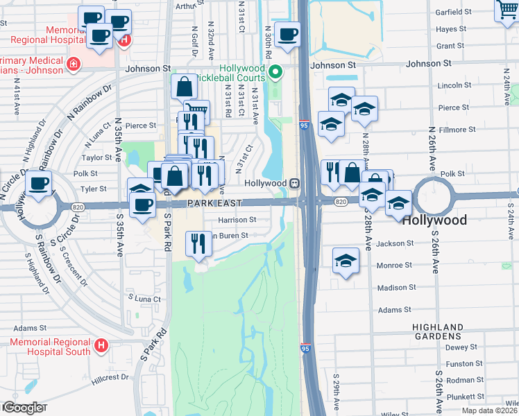 map of restaurants, bars, coffee shops, grocery stores, and more near 3125 Harrison Street in Hollywood