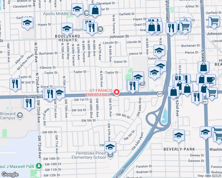 map of restaurants, bars, coffee shops, grocery stores, and more near in Hollywood