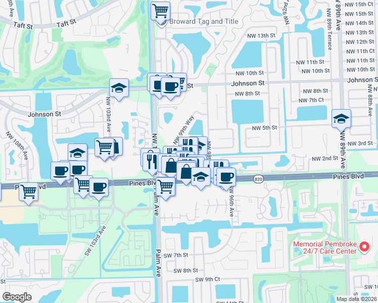 map of restaurants, bars, coffee shops, grocery stores, and more near 9953 Northwest 2nd Street in Pembroke Pines