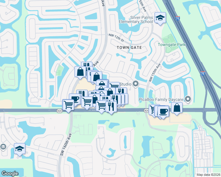 map of restaurants, bars, coffee shops, grocery stores, and more near 317 Northwest 159th Avenue in Pembroke Pines