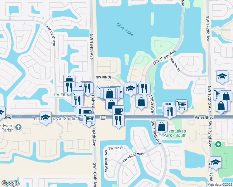 map of restaurants, bars, coffee shops, grocery stores, and more near 561 Northwest 182nd Way in Pembroke Pines