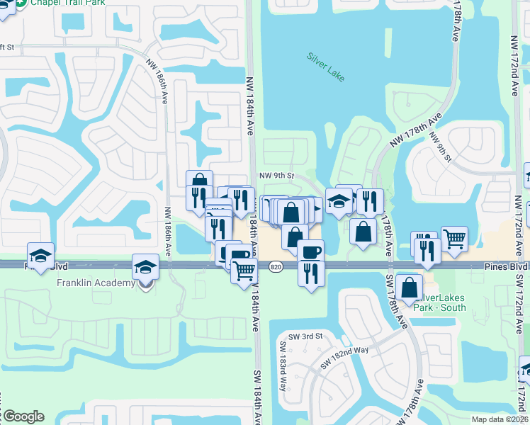 map of restaurants, bars, coffee shops, grocery stores, and more near 18396 Northwest 6th Street in Pembroke Pines