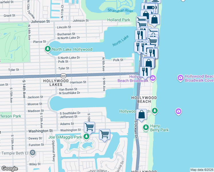 map of restaurants, bars, coffee shops, grocery stores, and more near 827 North Southlake Drive in Hollywood
