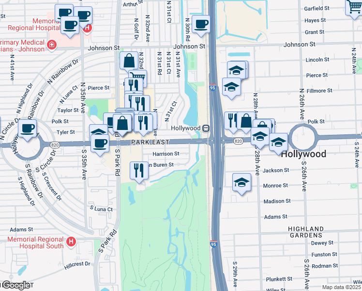 map of restaurants, bars, coffee shops, grocery stores, and more near 3125 Harrison Street in Hollywood