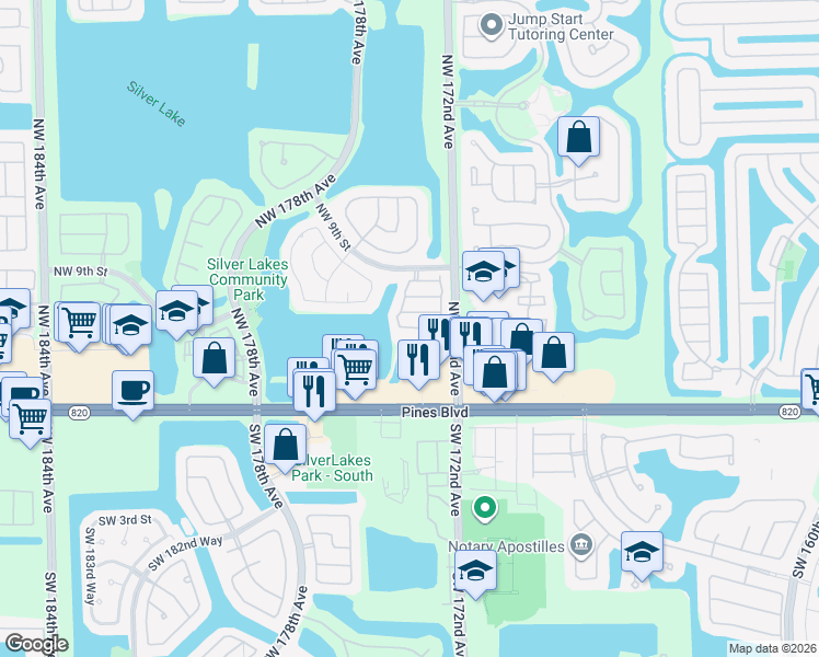 map of restaurants, bars, coffee shops, grocery stores, and more near 400 Northwest 172nd Avenue in Pembroke Pines