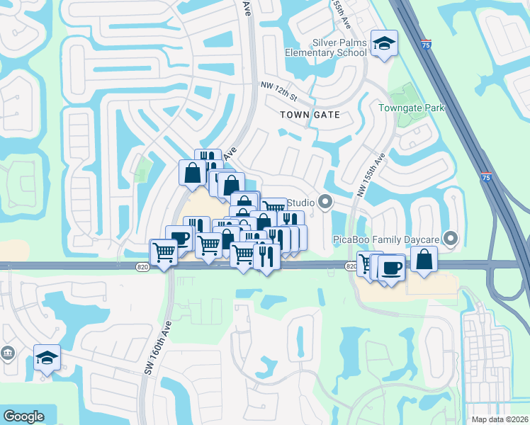 map of restaurants, bars, coffee shops, grocery stores, and more near 317 Northwest 159th Avenue in Pembroke Pines