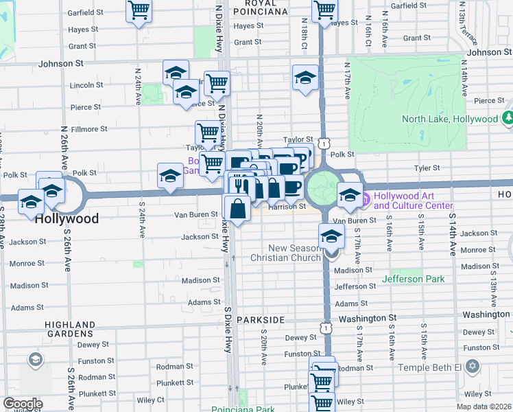 map of restaurants, bars, coffee shops, grocery stores, and more near 2035 Van Buren Street in Hollywood