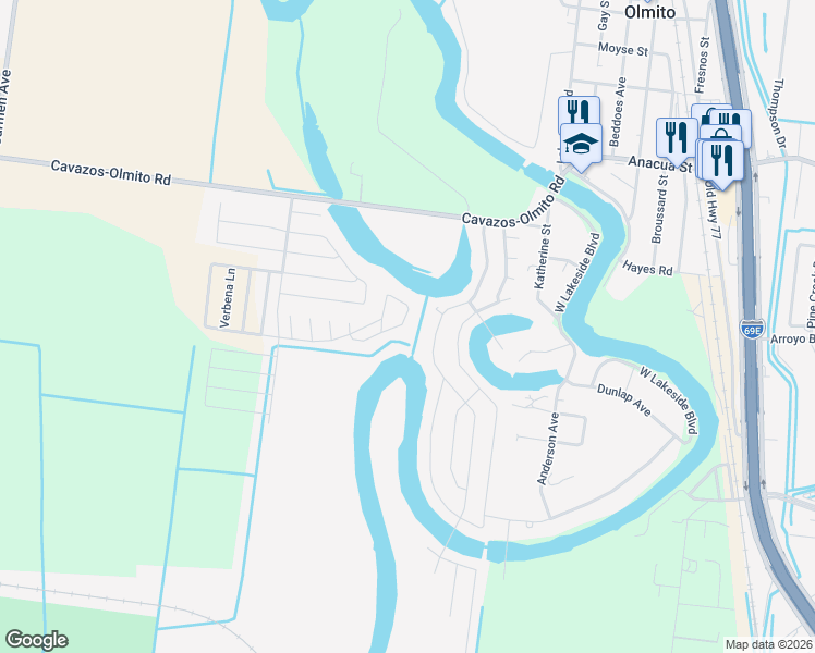 map of restaurants, bars, coffee shops, grocery stores, and more near 25 Lago Vista Street in Brownsville