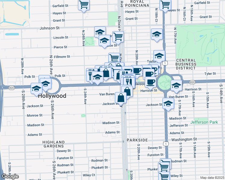 map of restaurants, bars, coffee shops, grocery stores, and more near 2165 Van Buren Street in Hollywood