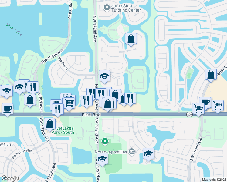 map of restaurants, bars, coffee shops, grocery stores, and more near 634 Northwest 170th Terrace in Pembroke Pines