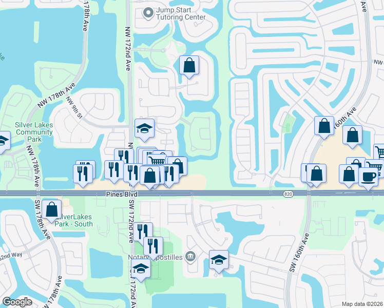 map of restaurants, bars, coffee shops, grocery stores, and more near 16778 Northwest 8th Street in Pembroke Pines