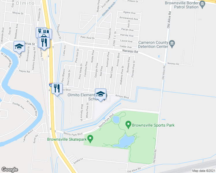 map of restaurants, bars, coffee shops, grocery stores, and more near 6935 Red Cedar in Brownsville