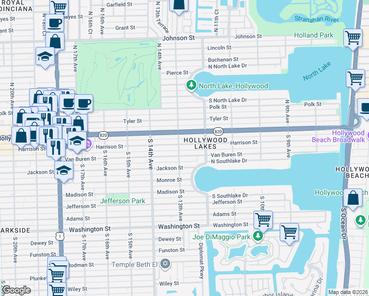 map of restaurants, bars, coffee shops, grocery stores, and more near 1231 Van Buren Street in Hollywood