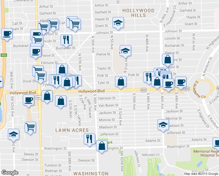 map of restaurants, bars, coffee shops, grocery stores, and more near 5400 Hollywood Boulevard in Hollywood