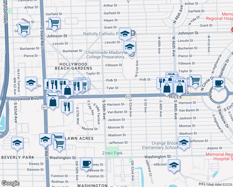 map of restaurants, bars, coffee shops, grocery stores, and more near 5400 Hollywood Boulevard in Hollywood
