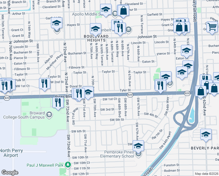map of restaurants, bars, coffee shops, grocery stores, and more near 6920 Tyler Street in Hollywood