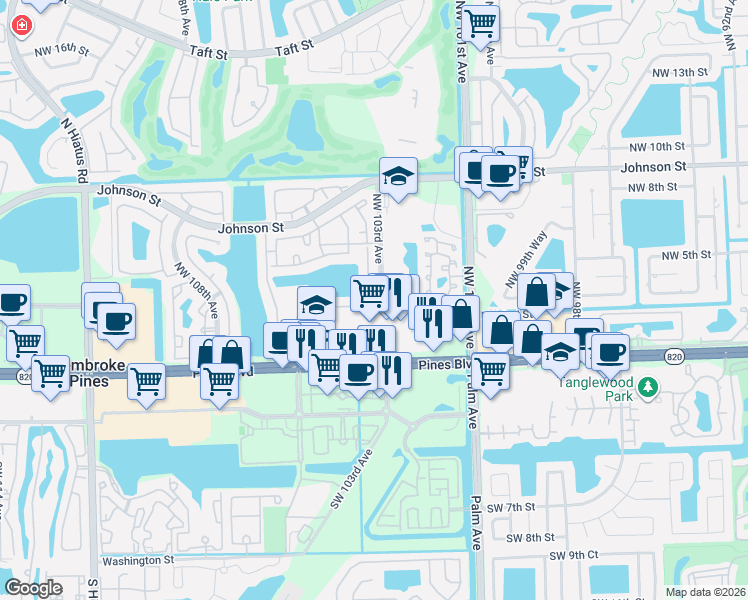 map of restaurants, bars, coffee shops, grocery stores, and more near 10372 Northwest 3rd Street in Pembroke Pines