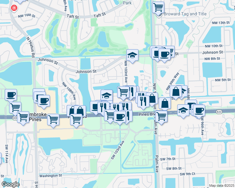 map of restaurants, bars, coffee shops, grocery stores, and more near 10372 Northwest 3rd Street in Pembroke Pines
