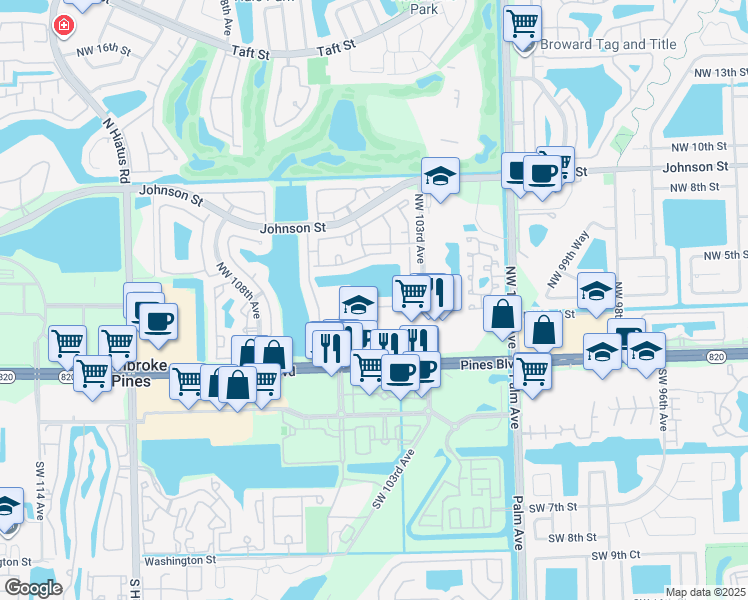 map of restaurants, bars, coffee shops, grocery stores, and more near 10512 Northwest 3rd Street in Pembroke Pines