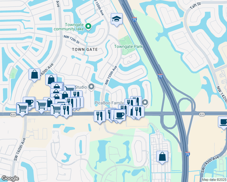 map of restaurants, bars, coffee shops, grocery stores, and more near 372 Northwest 153rd Lane in Pembroke Pines