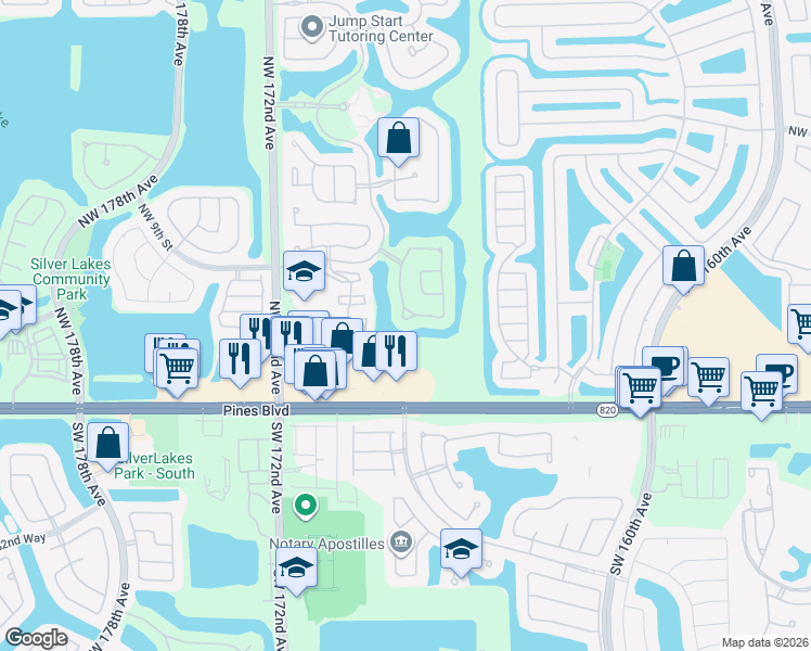 map of restaurants, bars, coffee shops, grocery stores, and more near 16778 Northwest 8th Street in Pembroke Pines