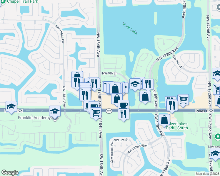 map of restaurants, bars, coffee shops, grocery stores, and more near 18306 Northwest 6th Street in Pembroke Pines