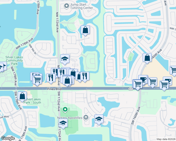map of restaurants, bars, coffee shops, grocery stores, and more near 16778 Northwest 8th Street in Pembroke Pines