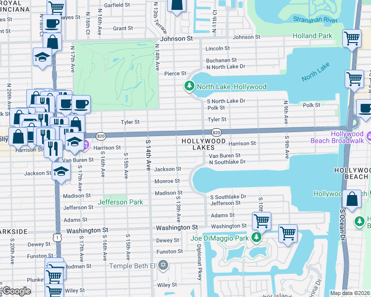map of restaurants, bars, coffee shops, grocery stores, and more near 1231 Van Buren Street in Hollywood