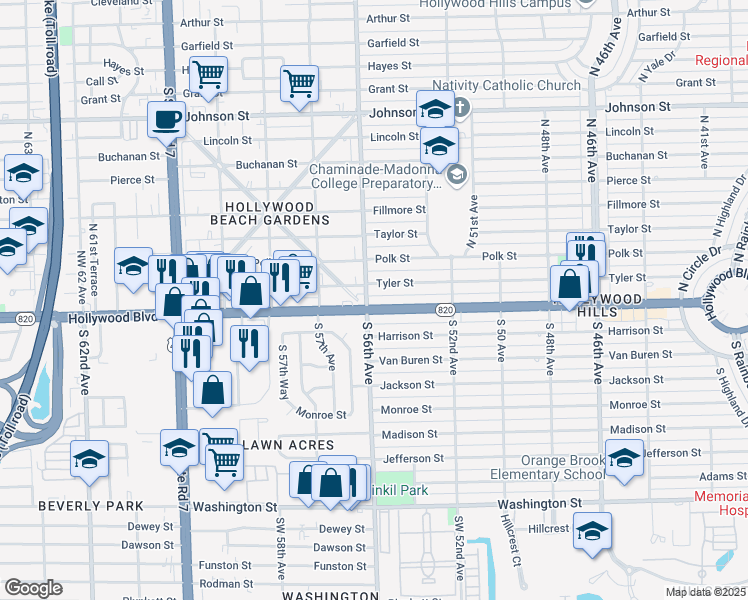 map of restaurants, bars, coffee shops, grocery stores, and more near in Hollywood