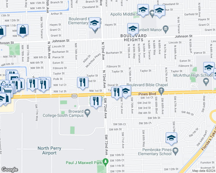 map of restaurants, bars, coffee shops, grocery stores, and more near 7140 Duval Street in Hollywood
