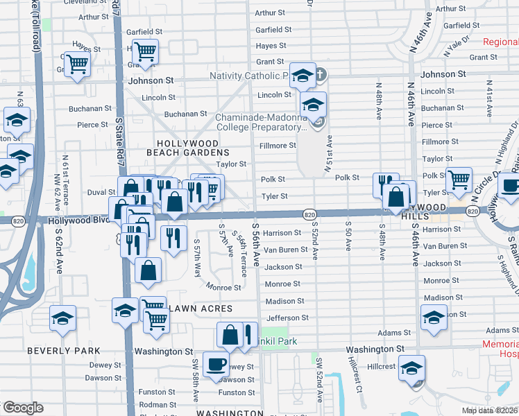 map of restaurants, bars, coffee shops, grocery stores, and more near in Hollywood