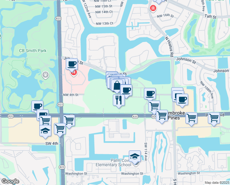 map of restaurants, bars, coffee shops, grocery stores, and more near 11401 Pines Boulevard in Pembroke Pines