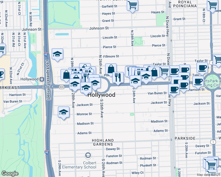 map of restaurants, bars, coffee shops, grocery stores, and more near 2571 Van Buren Street in Hollywood
