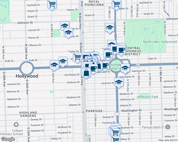 map of restaurants, bars, coffee shops, grocery stores, and more near 2035 Van Buren Street in Hollywood