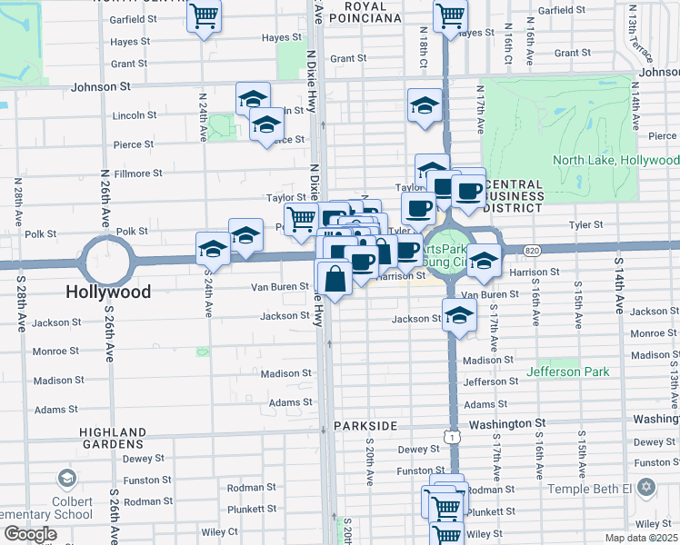 map of restaurants, bars, coffee shops, grocery stores, and more near 2035 Van Buren Street in Hollywood