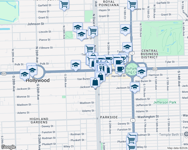 map of restaurants, bars, coffee shops, grocery stores, and more near 2100 Van Buren Street in Hollywood