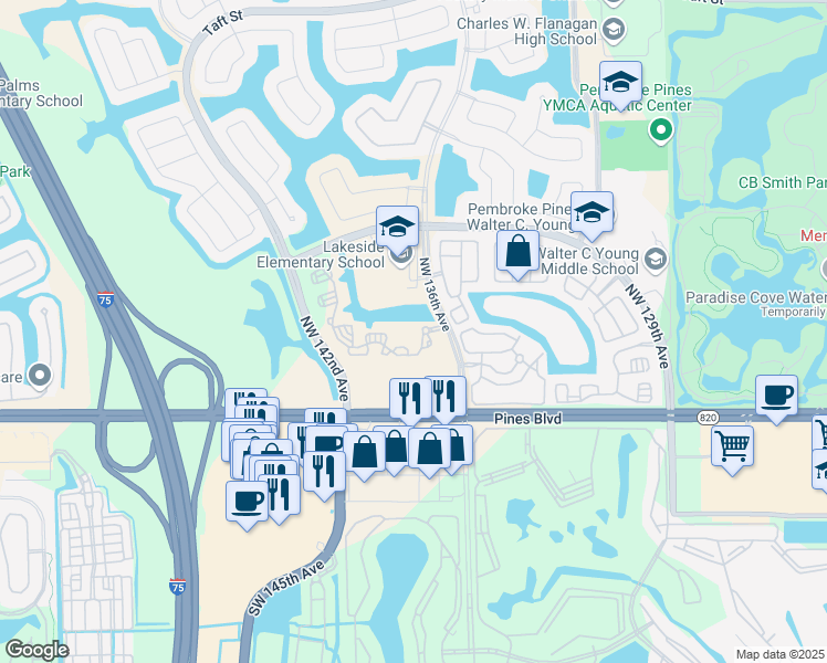map of restaurants, bars, coffee shops, grocery stores, and more near 13651 Northwest 4th Street in Pembroke Pines